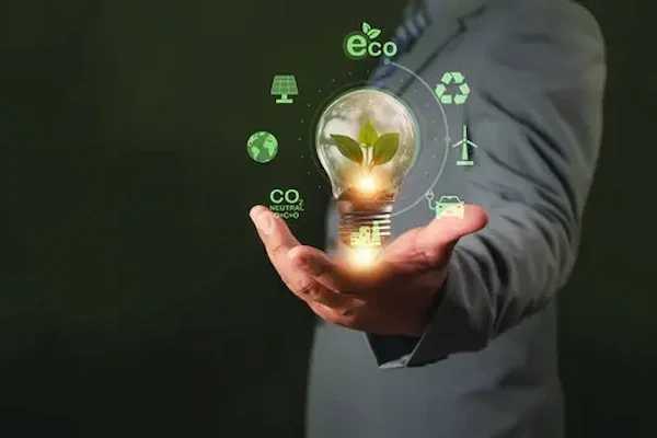 hombre de traje sosteniendo un foco ecológico, reflejando la sostenibilidad empresarial