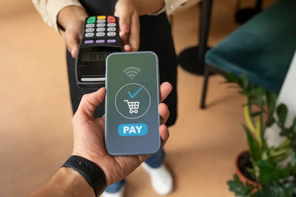 primer plano de una mano realizando un pago mediante la tecnología nfc