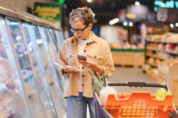 mujer mirando detalladamente productos congelados en un supermercado